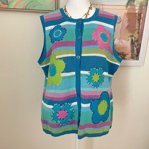 Vintage Eagle's Eye In Stitches 90s Floral Embroidered Striped Sweater Vest L